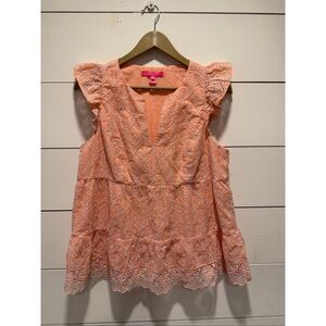 Lilly Pulitzer Coral Eyelet Lace Peplum Top Size 8 Scalloped Hem Cotton Boho